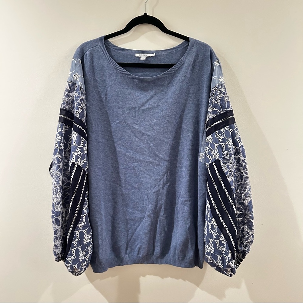 Chico's Embroidered Eylet Sleeve Light Blue Knit Top | Size 4 (XXL) | NWT - Picture 3 of 9